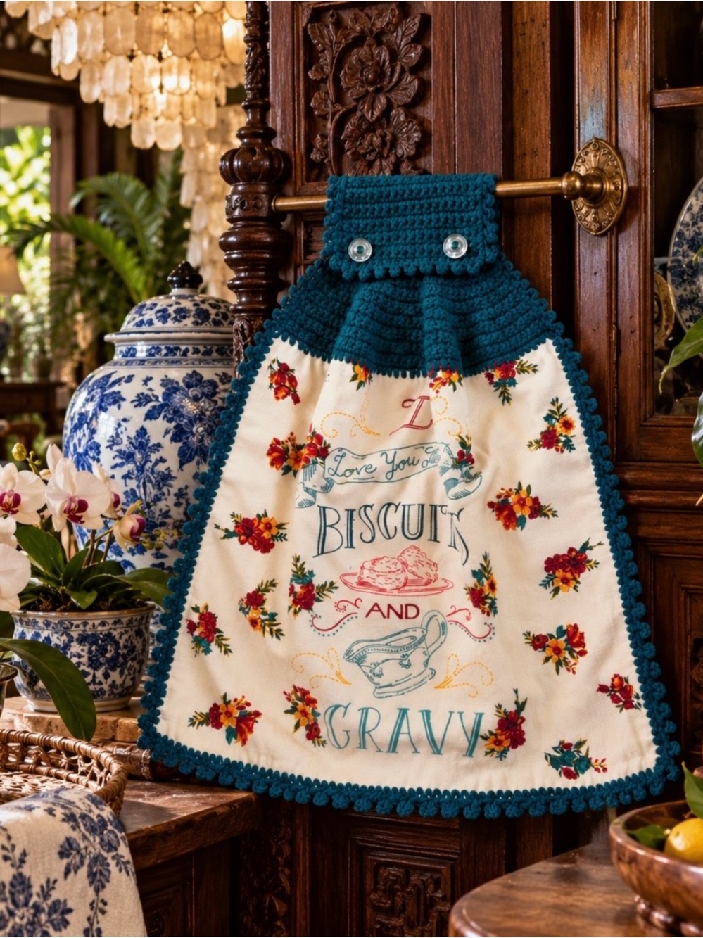 Pioneer Woman Biscuits & Gravy Crochet Hanging Kitchen Towel Teal
